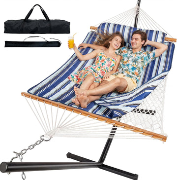 2 Person Hammock with Stand, Heavy Duty Double Cotton Rope Hammock with Removable Quilted Pad & Pillow, 500 LBS