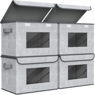 Fabric Closet Storage Bins with Lids for Shelves 4 Pack, Gray | 17 x 12 x 12 In Clothes Storage Bins with Handles &