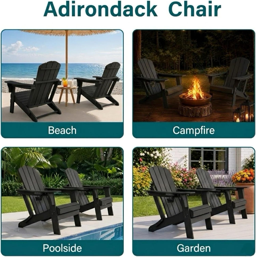 Folding Adirondack Chair with Cup Holder - All-Weather HDPE Outdoor Chair, Ultra-Portable Lawn Chair with Ergonomic