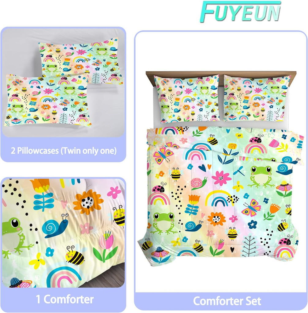 Cute Rainbow Comforter Set Queen, Frog Bedding for Kids Girls Teens