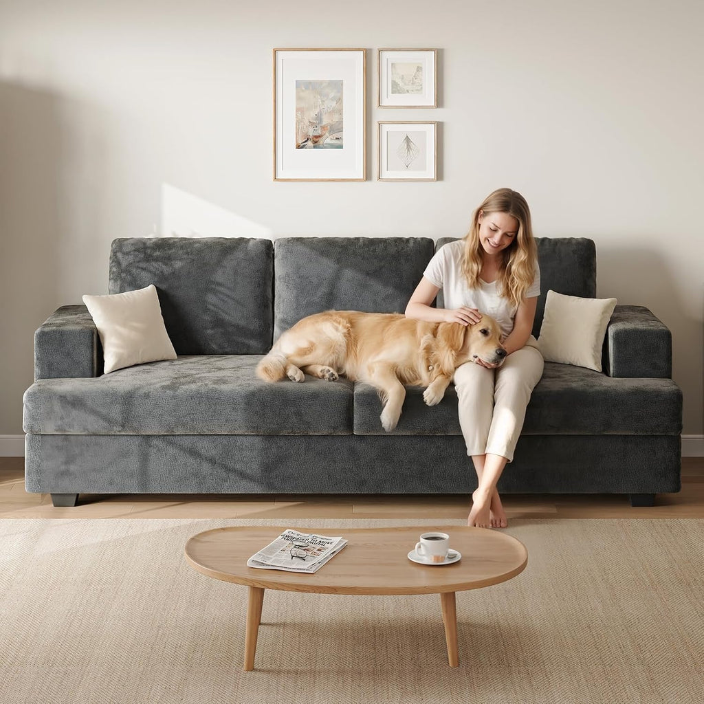 89" Grey Couches , 3 Seater Couch with Deep Seat, Oversized Loveseat Sofa