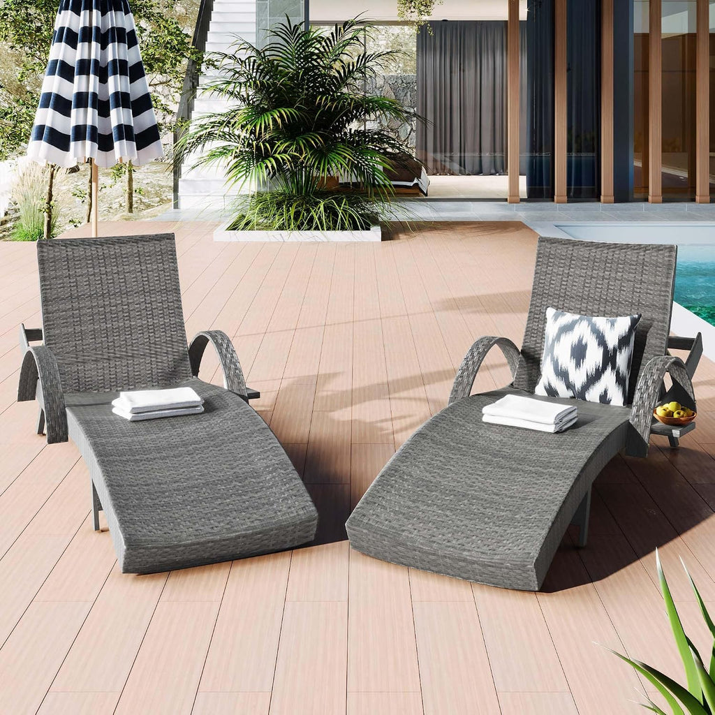 Chaise Lounge Outdoor Set of 2, Rattan Pool Loungers Chairs Set of 2 with Armrests & Pull-Out Side Table, Patio