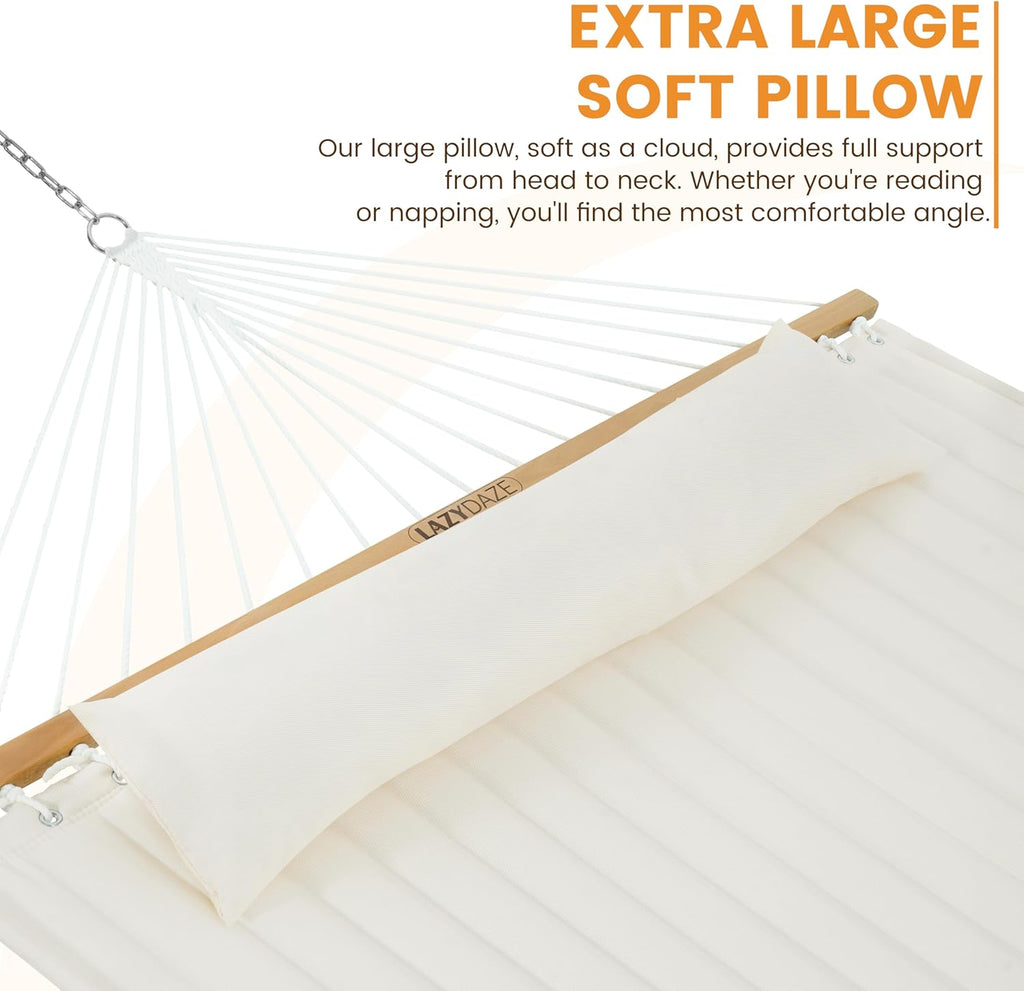 2 Person Hammock with 12FT Stand for Outside, Quilted Double Hammock with Detachable Pillow, Balance Strap & Carrying