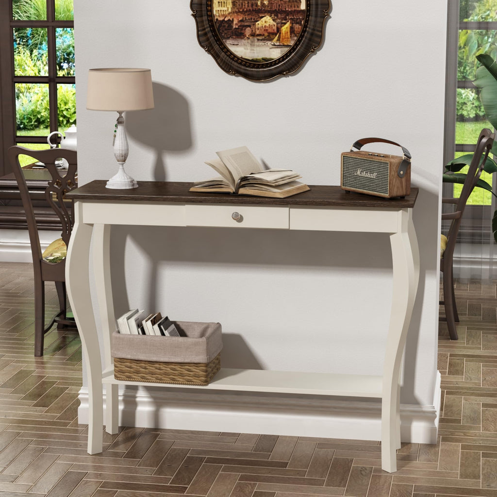 39" Narrow Farmhouse Entryway Table with Drawer, Soft White