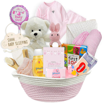 New Baby Girl Gift Basket | Unique Gift Set for a new mom Pink Baby Gift Set. Welcome Baby Care Package All w/Newborn