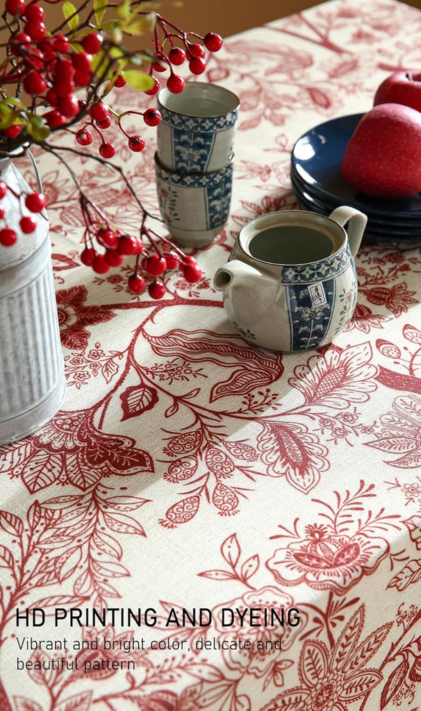 Designer French Linen Table Cloth for Rectangle Table,Red Floral Washable Indoor Tablecloth,Durable 