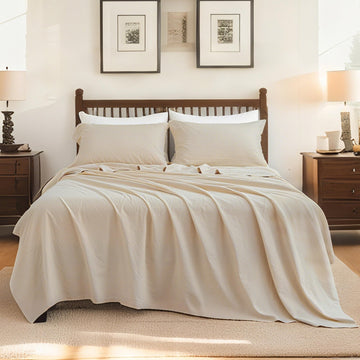 Flax Linen Sheet Set Queen Size, 4PCS Natural Linen Cotton Bed Sheet with 1 Flat Sheet, 1 Fitted Sheet & 2