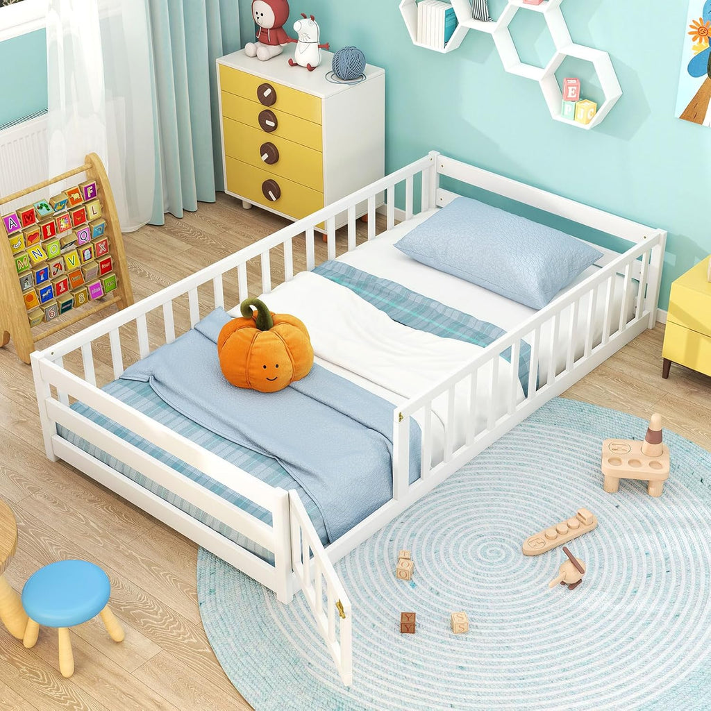 Twin Floor Bed with Fence for Kids, Wooden Montessori Bed Frame with Lockable Door & Guardrails, Low Floor Beds for