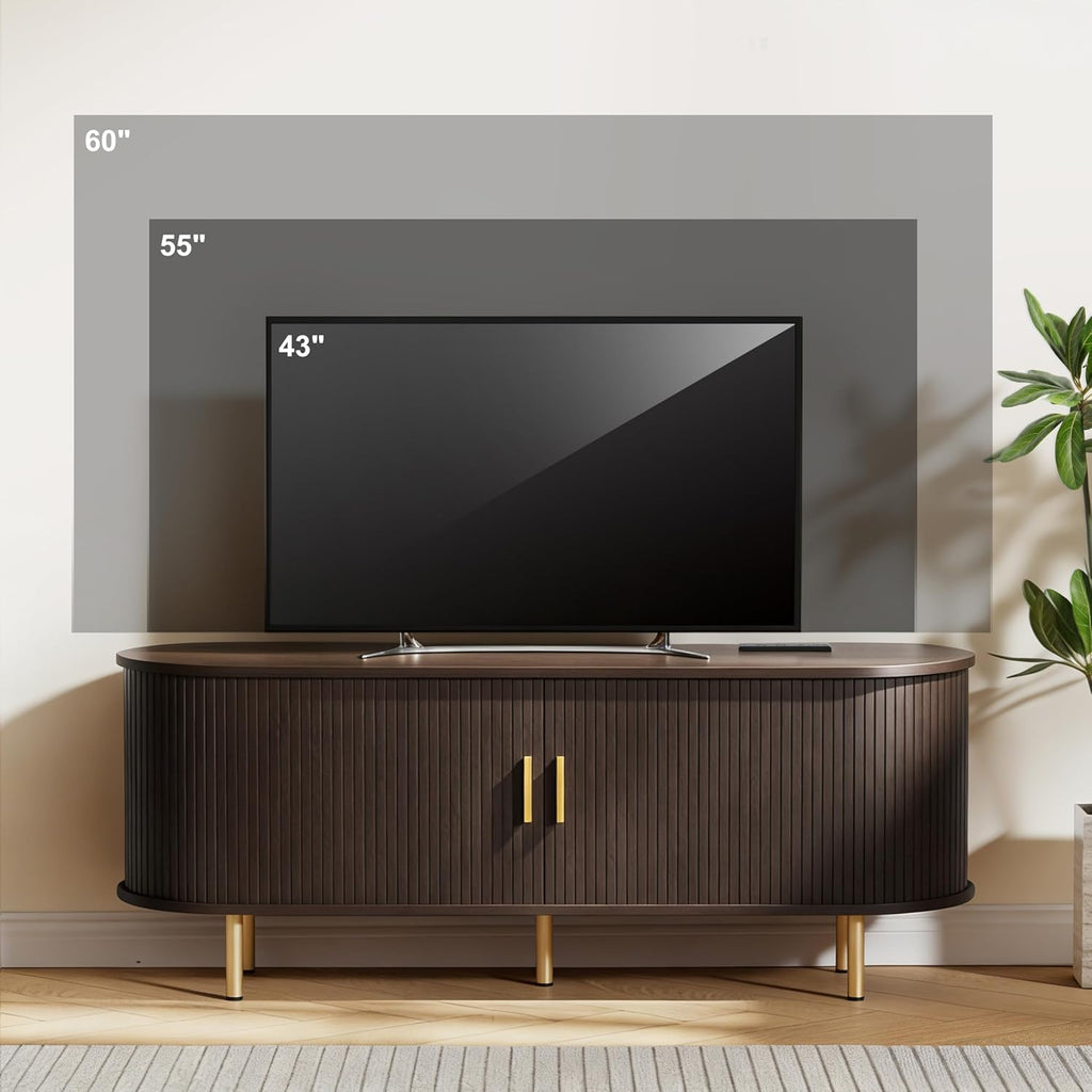 55 Inch Mid Century Modern TV Stand with Power Outlet for TVs up to 60 Inch, Entertainment Center with Storage and Adjustable Shelves, Media Console with Sliding Doors for Living Room(Dark Walnut)