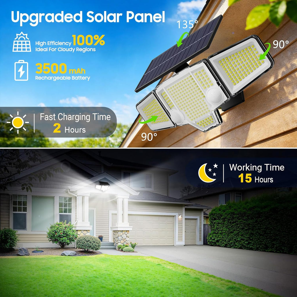 Solar Lights Outdoor Waterproof, 4000LM Solar Flood Lights -Dual Motion Sensor & Curved 300°Wide Beam, Larger