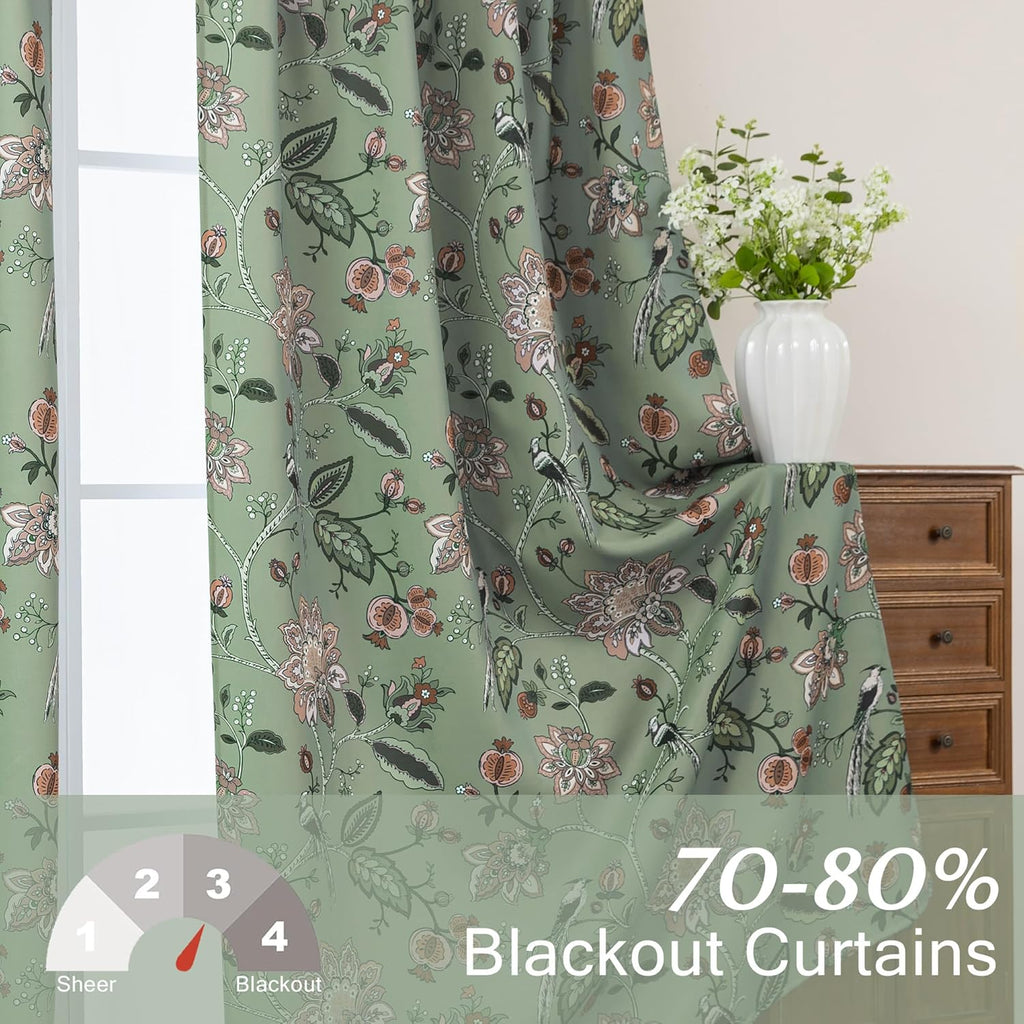 Green and White Curtains 2 Panel Set for Bay Window,70% Blackout Eclectic Art Nouveau Print Floral