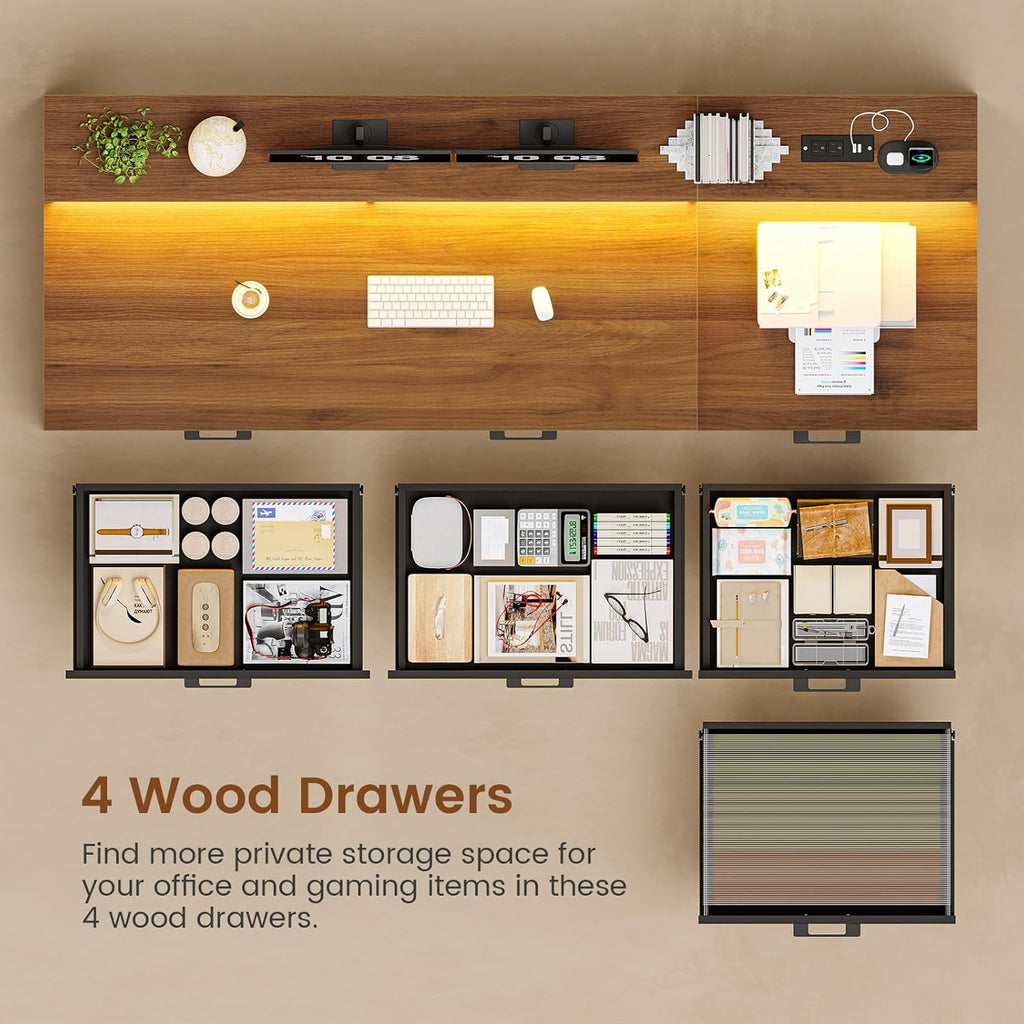 Farmhouse Home Office Desk with File Drawer & Power Outlet, Computer Desk with 4 Drawer, Storage Shelves