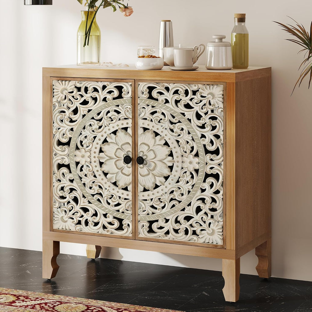 Buffet Cabinet with Storage, Accent Cabinet with 2 Carved Doors, Solid Wood Sideboard with Adjustable Shelf, Vintage