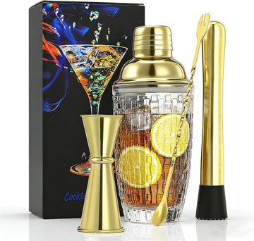 Cocktail Shaker Set - 13.5 Oz Gold Drink Martini Shaker Glass - Set of 4