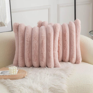 Pink Faux Fur Cozy Soft Striped Decorative Throw Pillow Covers 18x18 inch Set of 2,Velvet Pillowcase Cushion Case