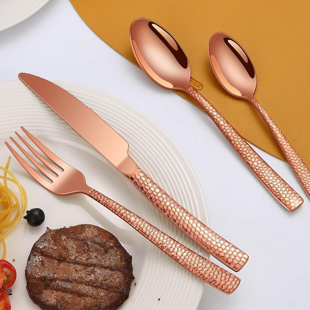 40-Piece Silverware Set, Rose Gold Hammered Stainless Steel Flatware Sets for 8, Food-Grade Tableware Set