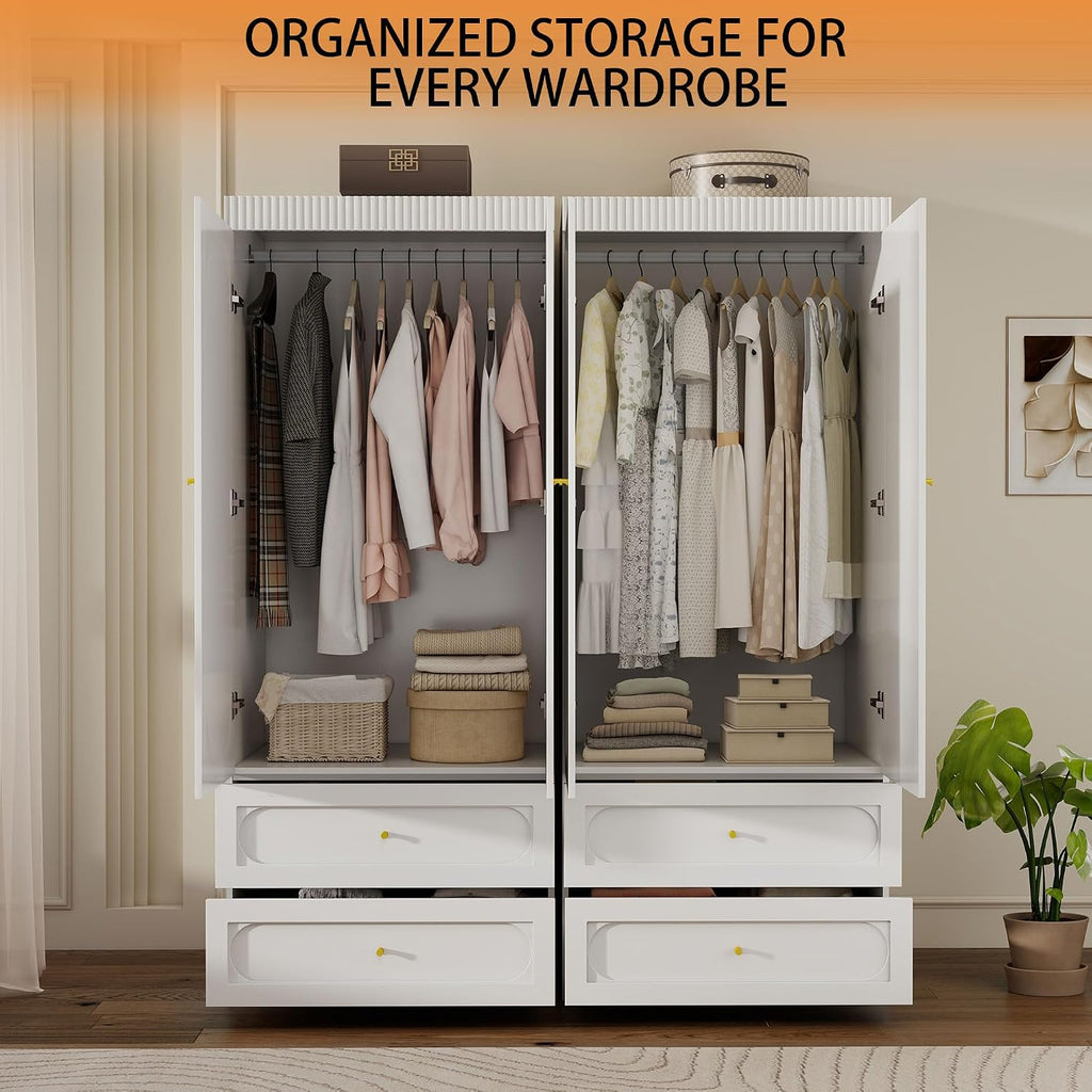 Wooden Wardrobe Closet with Doors: 75" Tall White Armoire Wardrobe Closet with 2 Drawers and 2 Doors, Modern Clothes