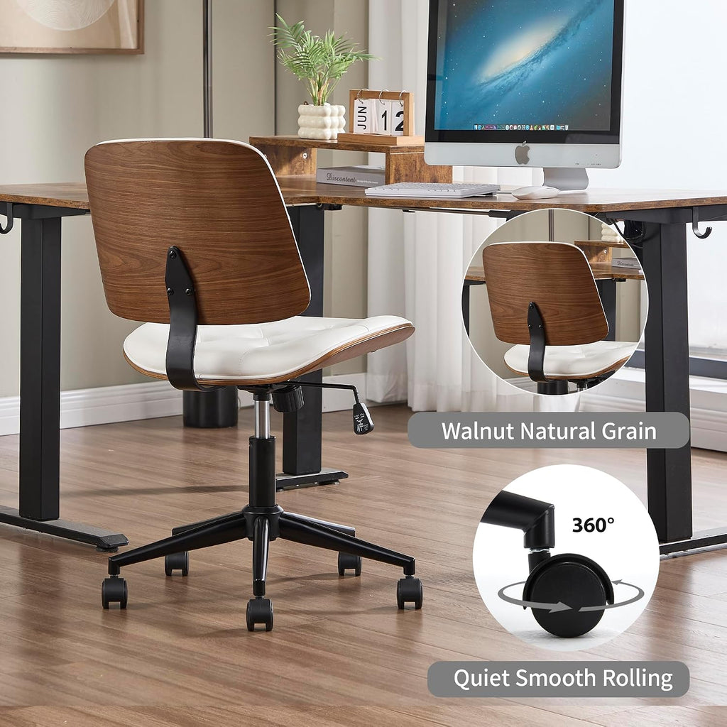 Small Home - Armless Mid Back Desk Chair with 360° Swivel and Wheels, PU Upholstered Height Adjustable Modern Walnut