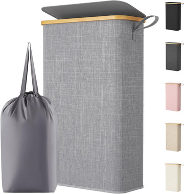 65L Slim Laundry Hamper with Lid, Narrow Laundry Basket with Removable Bag & Bamboo Handles, Fodable Thin Dirty