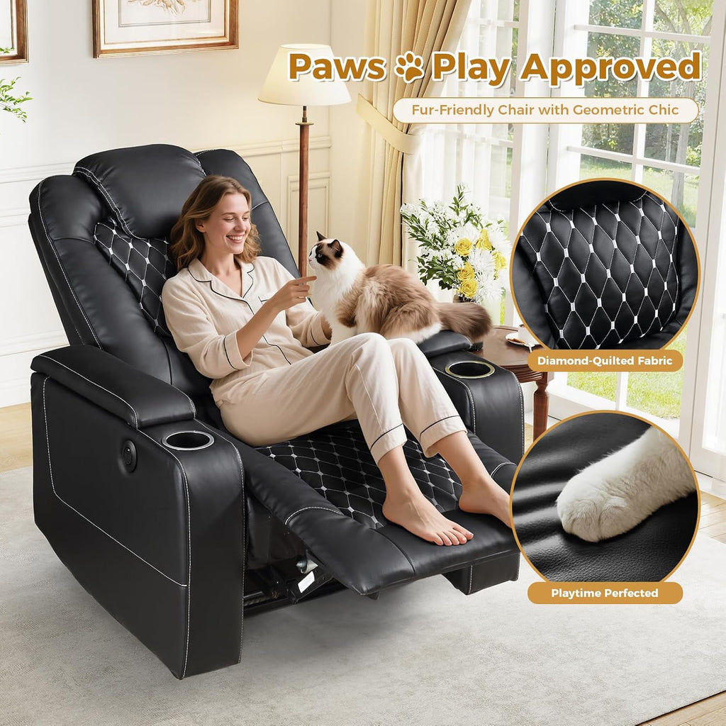 Power Recliner Chair with USB Ports and Cup Holders - Overstuffed Electric Home Theater Seating PU Leather Reclining