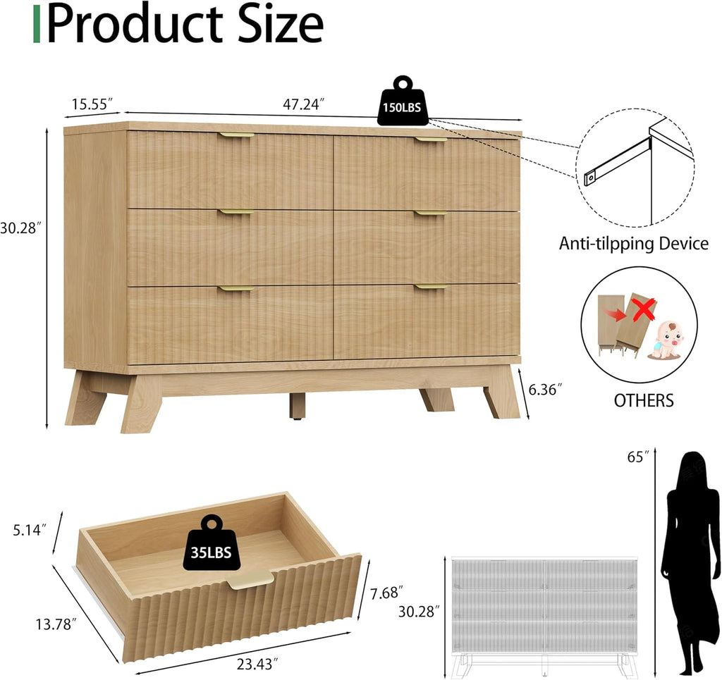 Fluted Dresser with 6 Drawers, 48" Wide Modern Chest of Drawers with Metal Handle, Wooden Dresser TV Stand, Wood