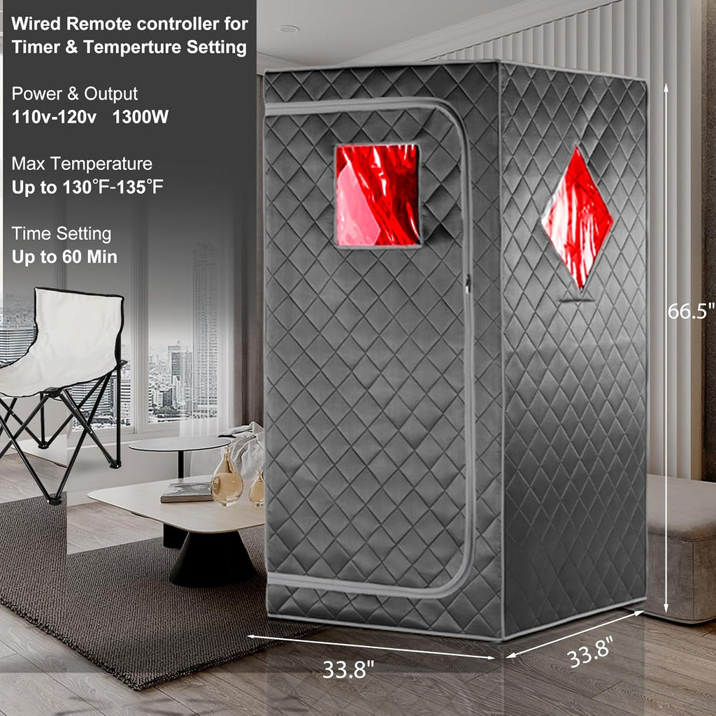 Full Size Portable Personal Infrared Sauna for Home, Personal Home Spa Tent with Remote Control, Heating Foot Pad, Foldable Reinforced Chair (Grey, L33.8 x W 33.8" x H 66.5")