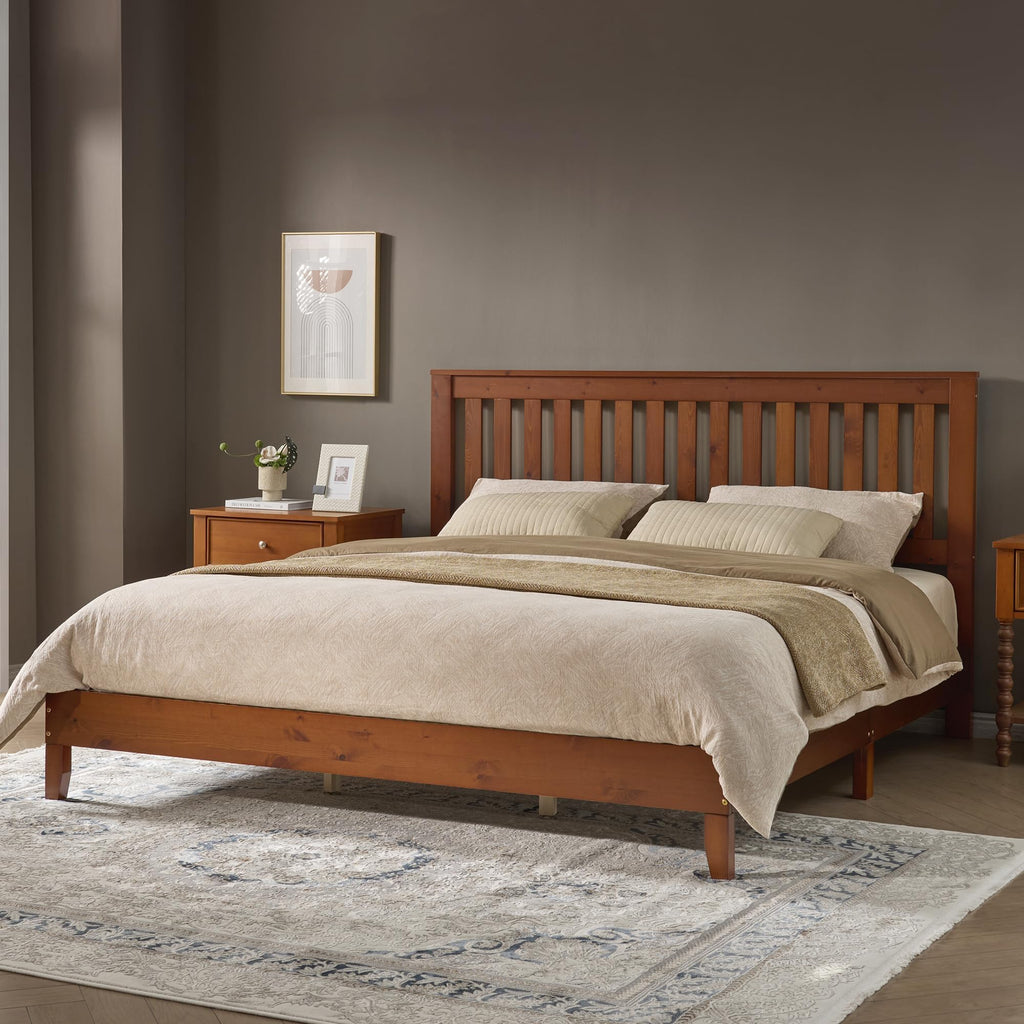 Solid Wood King Size Bed Frame with 46" Headboard, Walnut