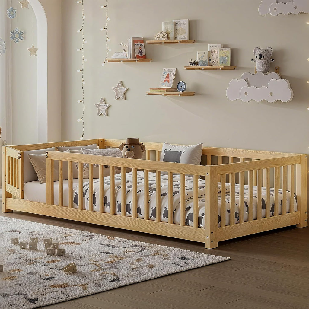 Montessori Twin Floor Bed Frame with Fence and Removable Door, Low Profile Twin Size Montessori Bed Frame for Kids