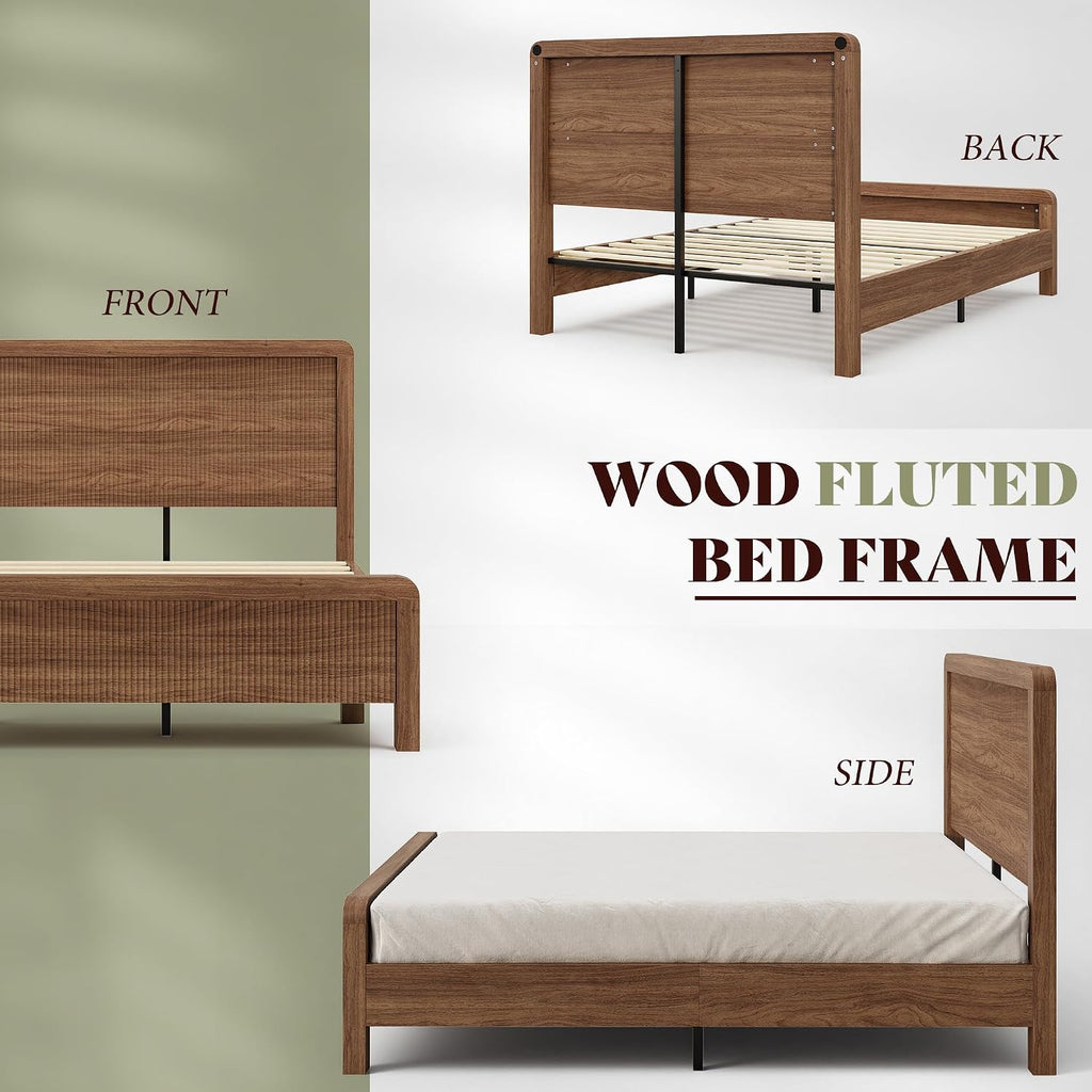 Wood Queen Bed Frame with Headboard & Footboard, Modern Fluted Wooden Platform Bedframe, Easy Assembly, Brown