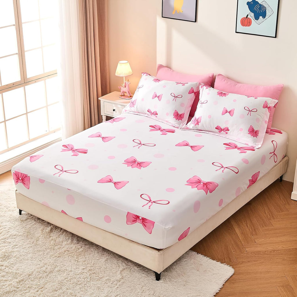 7 Piece Pink Bow Bedding Set for Girls Kids Comforter Set with Sheet and 2 Pillowcases 2 Pillow Shams Cute Girls