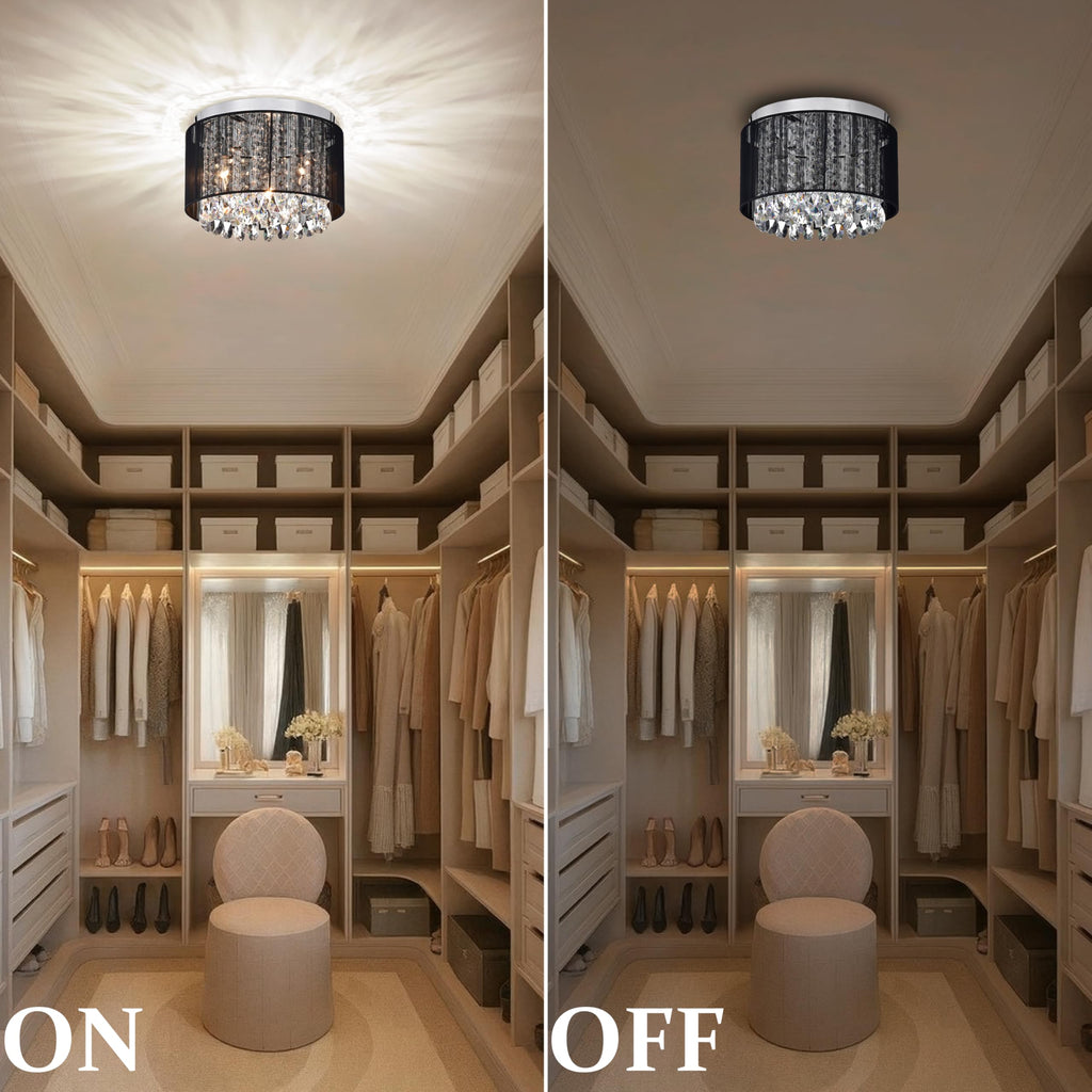 Black Mini Crystal Flush Mount Ceiling Light - 3-Light Drum Chandelier, or Living Room, Small Modern Lighting