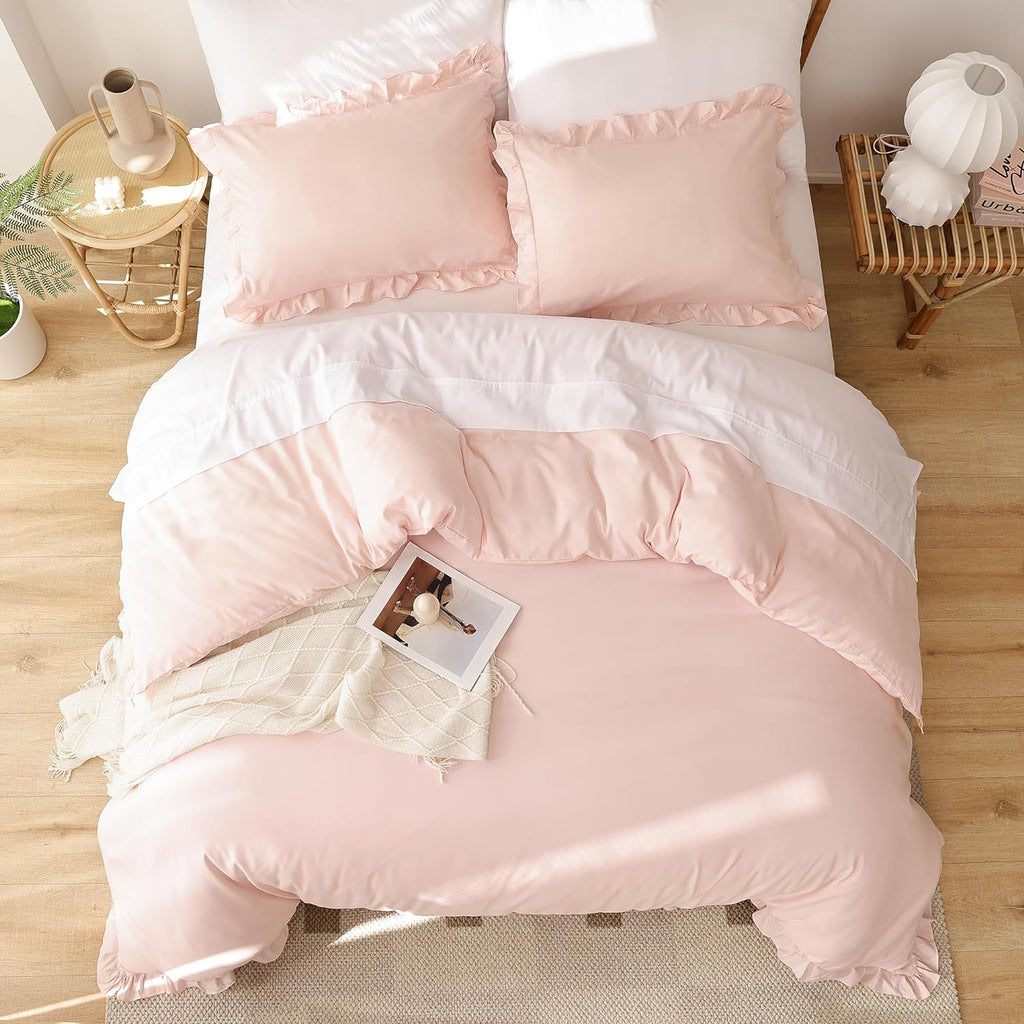 Soft Fluffy Comforter Set 3PCS (1 Ruffled Blush Comforter Set and 2 Pillowcases) Vintage Shabby Chic Bedding