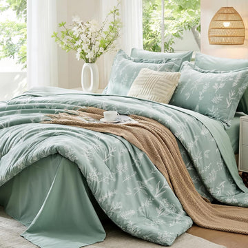 Full Comforter Set, Sage Green Elegant Floral Print Bed in a Bag 7 Pieces, Ultra Soft & Breathable Reversible - Set of 7