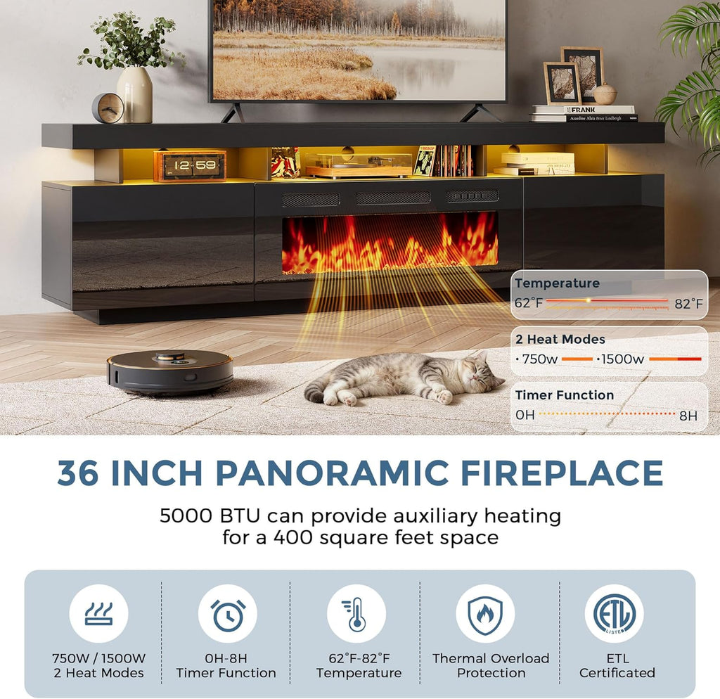 70" Floating Fireplace TV Stand with 36" Crystal Electric Fireplace, LED Entertainment Center for TVs up to 80"