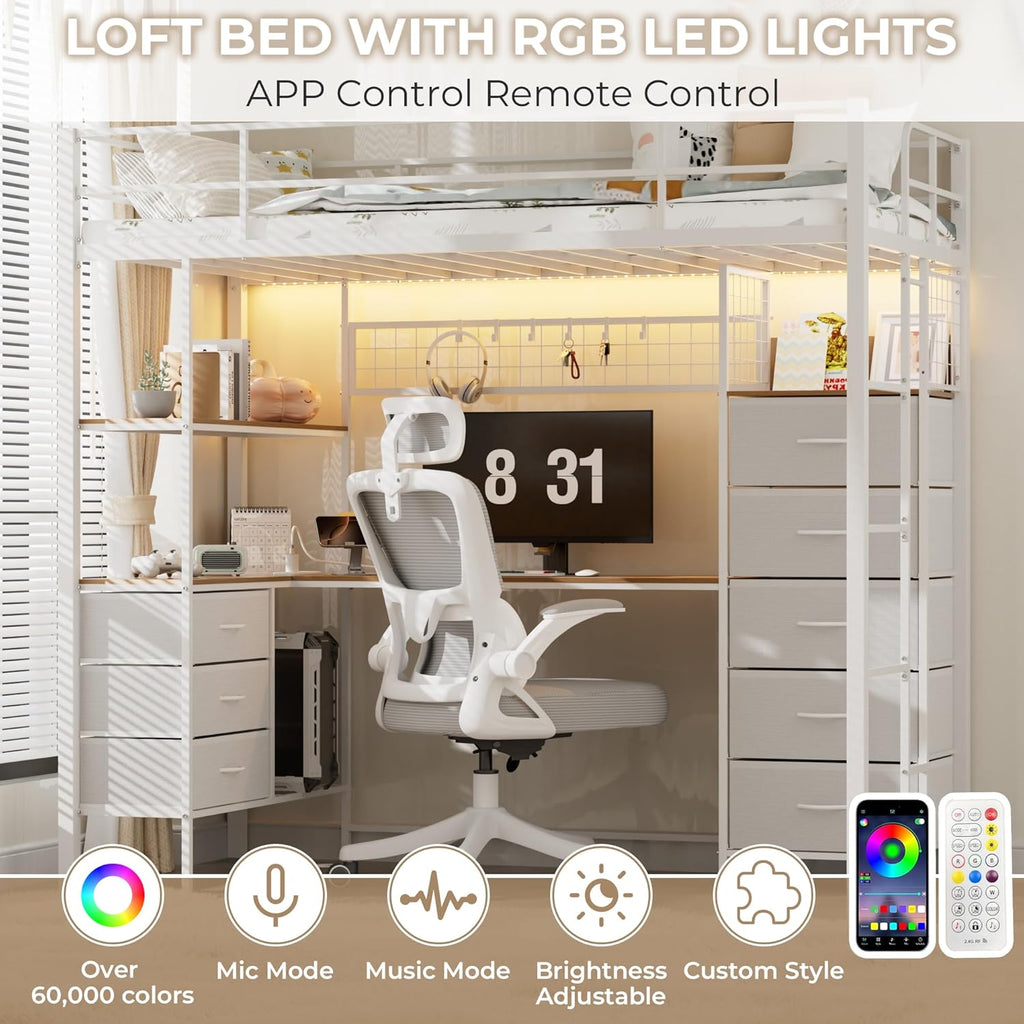 Twin Loft Bed with Desk, LED Lights, Charging Station