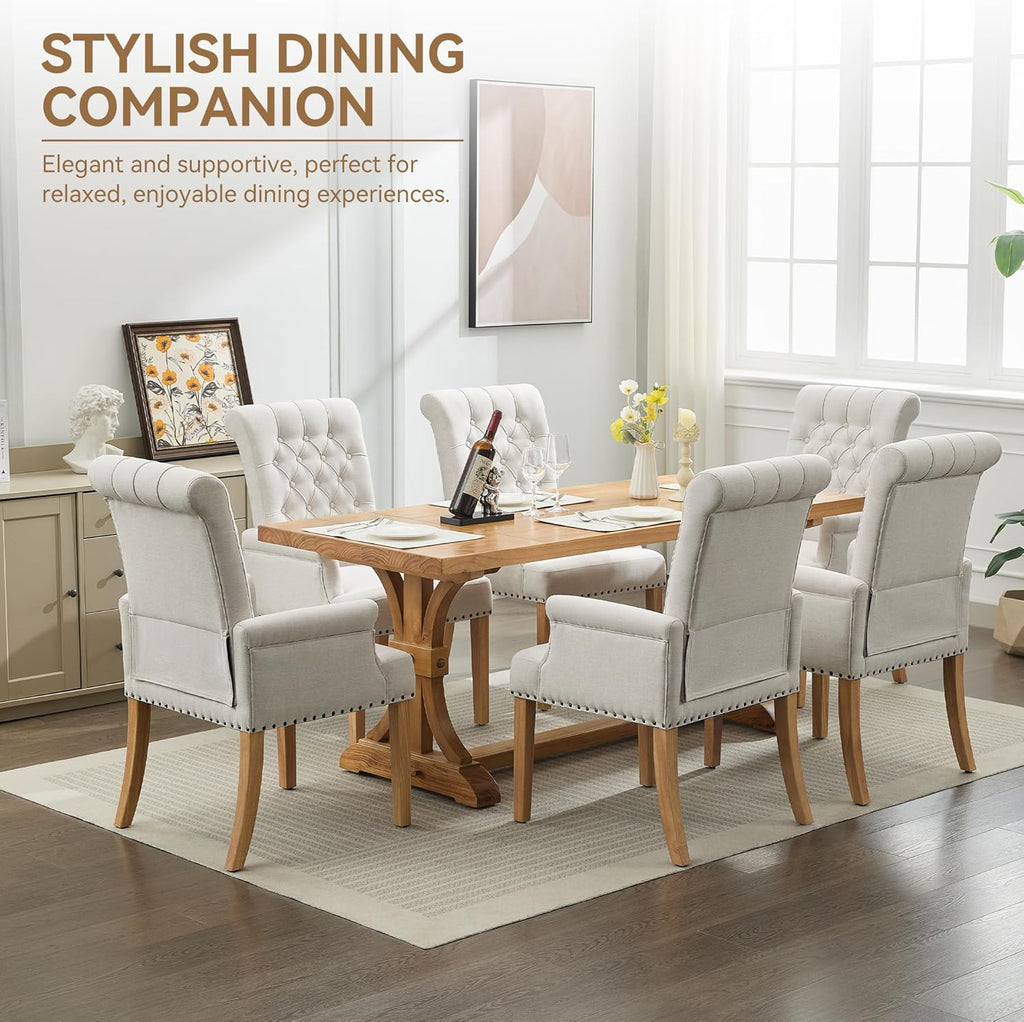 Fabric Dining Chair with Arms, Upholstered Tufted High Back Dining Room Chairs, Accent Armchair with Solid Wood Leg