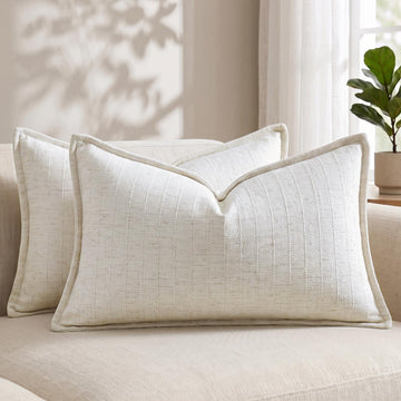 12x20 Linen Pillow Covers Cream White Beige Pack of 2 Farmhouse Boho Neutral Accents Striped Textured Rectangular