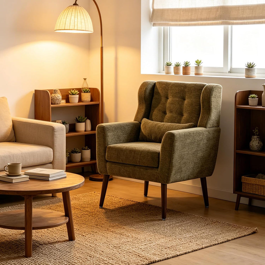 Accent Arm Chairs , Chenille Upholstered Mordern Armchair, Comfy Soft Padded Lounge Chair , Pillow, Solid Wood Leg