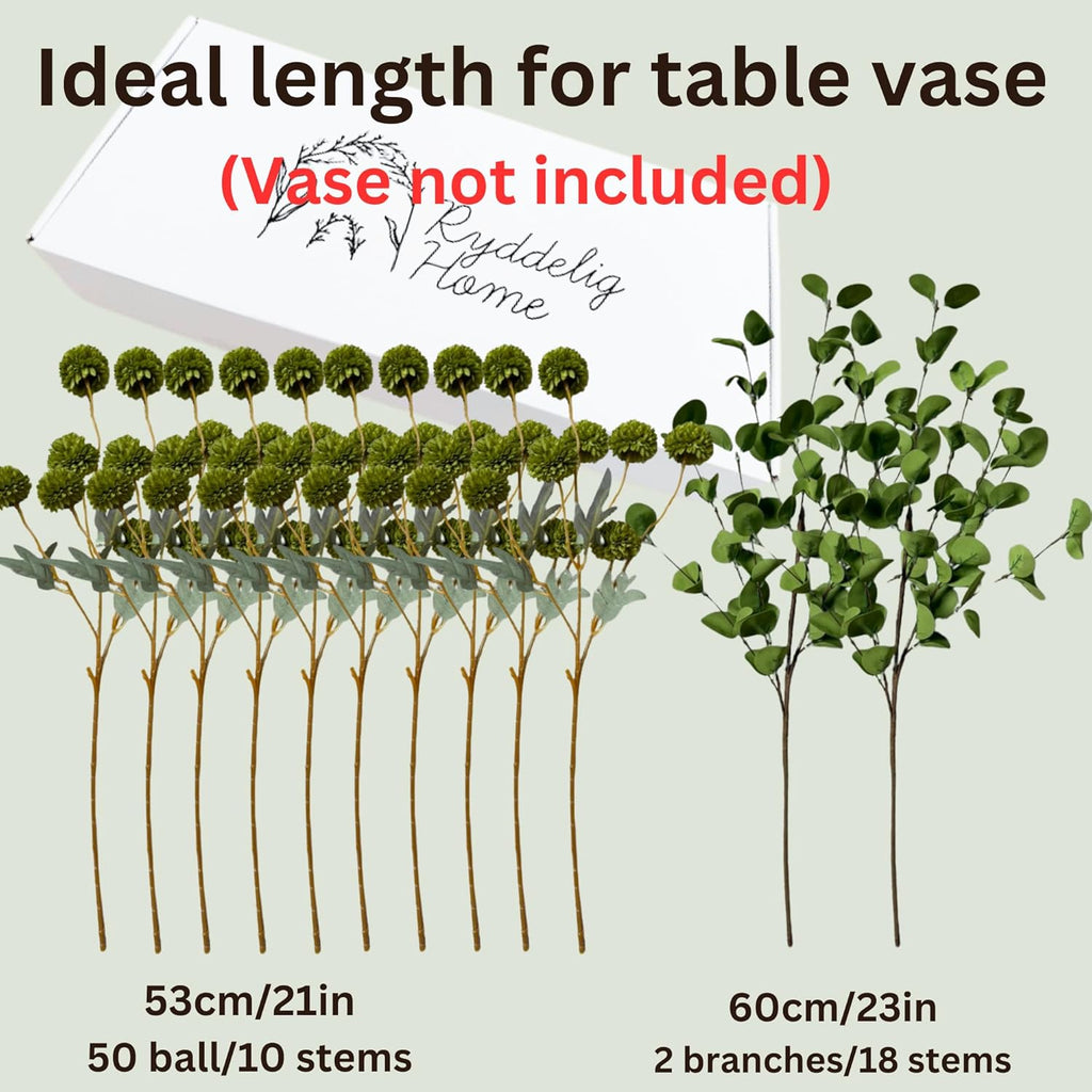 Green Flowers Artificial 10 Long Stems & 2pcs Eucalyptus Branches For Vase, Faux Silk Mum Greenery Arrangement