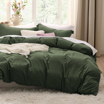 Olive Green Duvet Cover - 3 Pieces Prewashed Cotton-Like Polyester Extra Soft Bedding Set, Includes 1 Duvet