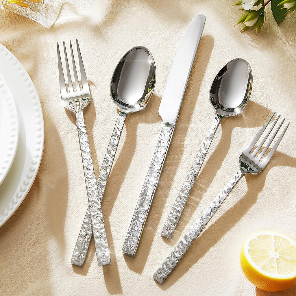 40 Pieces Hammered Silverware Set for 8, 18/10 Stainless Steel Heavy Duty Flatware Set, Tableware Cutlery Utensil Sets