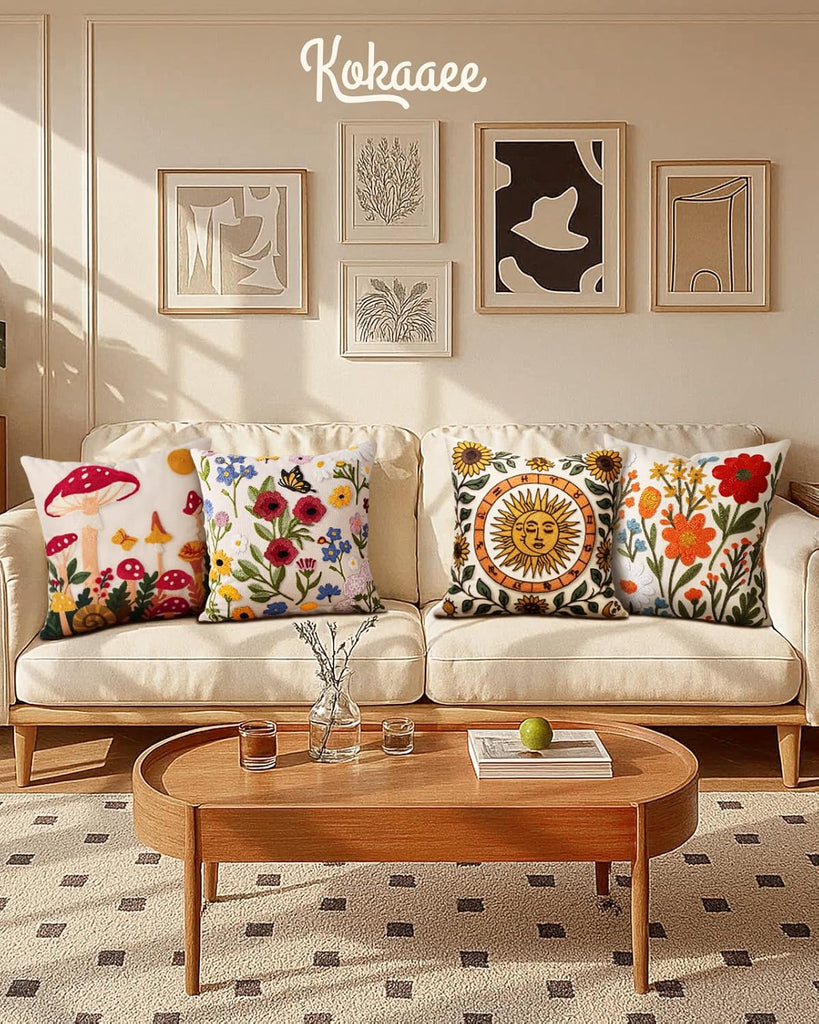 Embroidered Throw Pillow Cover 18x18 Inch - Spring Summer Boho Decorative Pillow Cover with Zipper