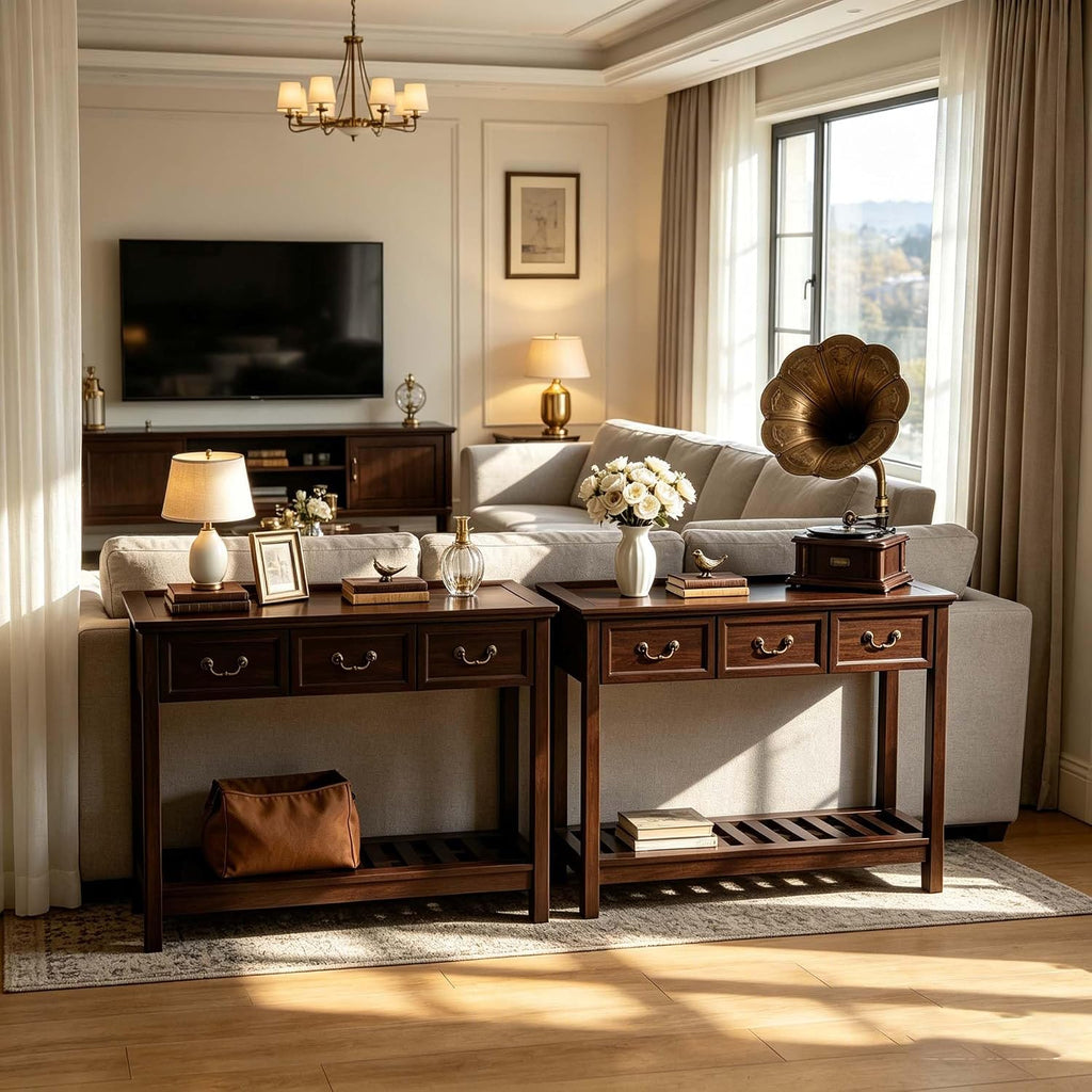 47'' Solid Wood Console Table with Storage, Narrow Long Rustic Sofa Table with 3 Drawers and Open Shelf, Farmhouse