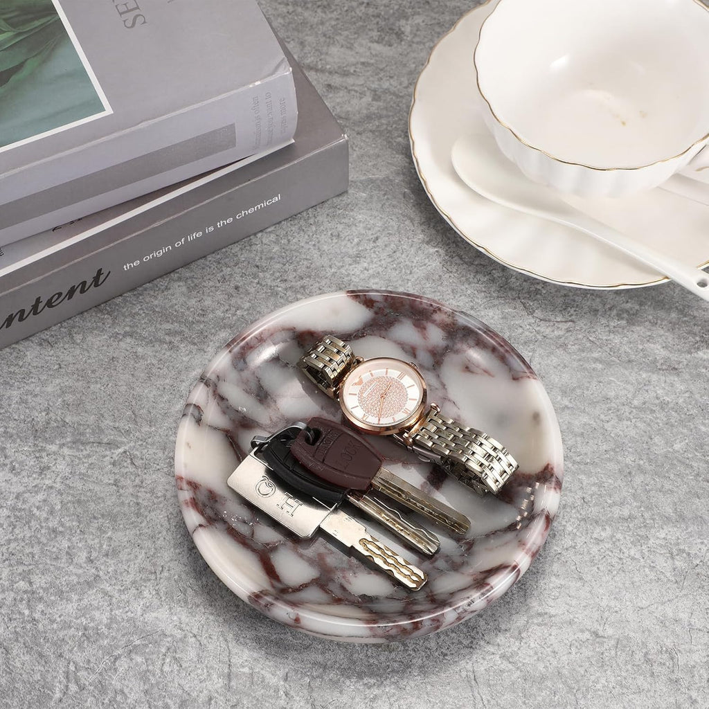 Small Round Key Bowl Table - 5.5" Natural Marble Jewelry Dish Tray Decorative Key Plate Holder Catch All Bowl for
