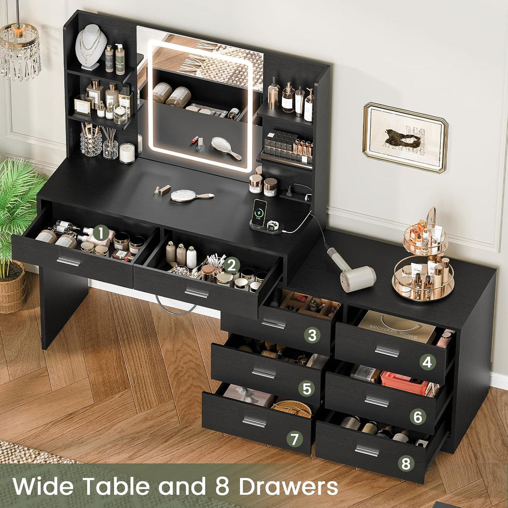Vanity Desk with LED Lighted Mirror & Power Outlet, Modern Corner Makeup Vanity Table with 8 Drawers & Open Shelves