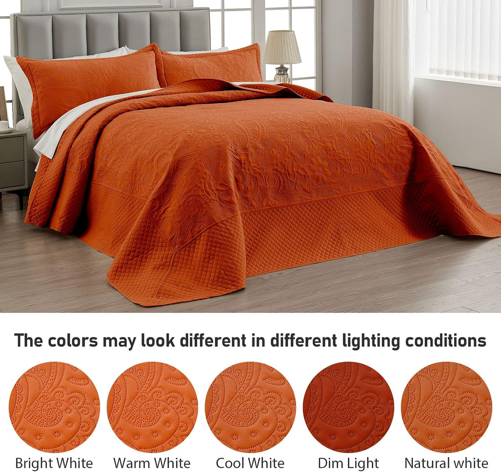 King Bedspread 132x 120, Burnt Orange Oversized King Bedspread, 3 Piece Soft Microfiber Lightweight Oversized