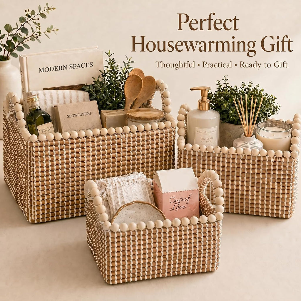 Handwoven Seagrass Shelf Baskets, Set of 3 Decorative Storage Bins with Bead-Accented Handles, Vietnamese Woven