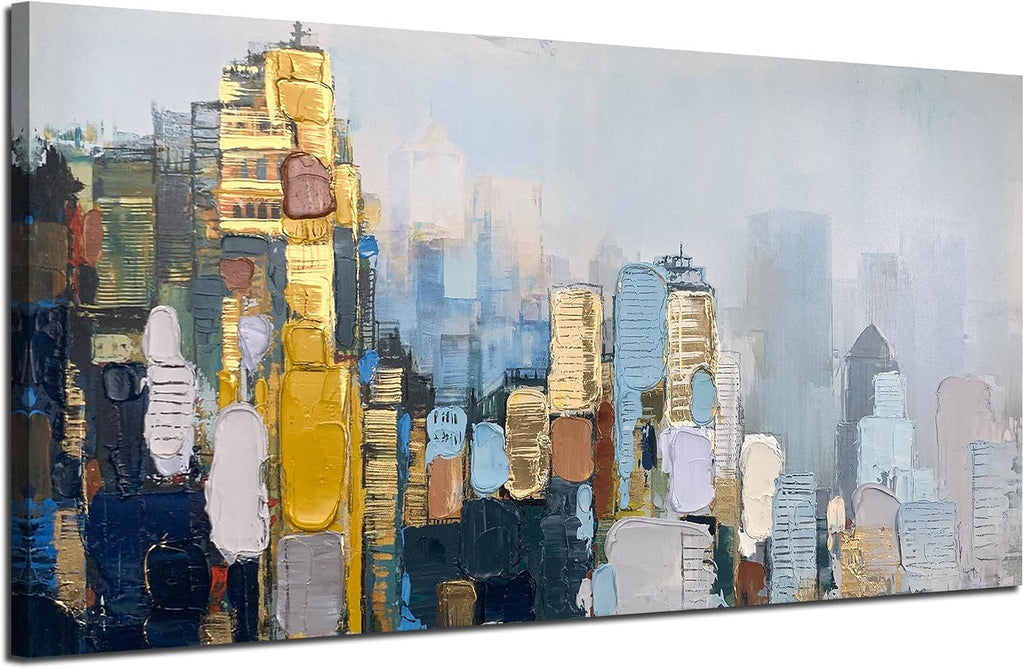 Neutral Wall Art Painting Oversize Abstract Art Wall Decor Canvas, Textured Skyline Gold Painting Modern Artwork for