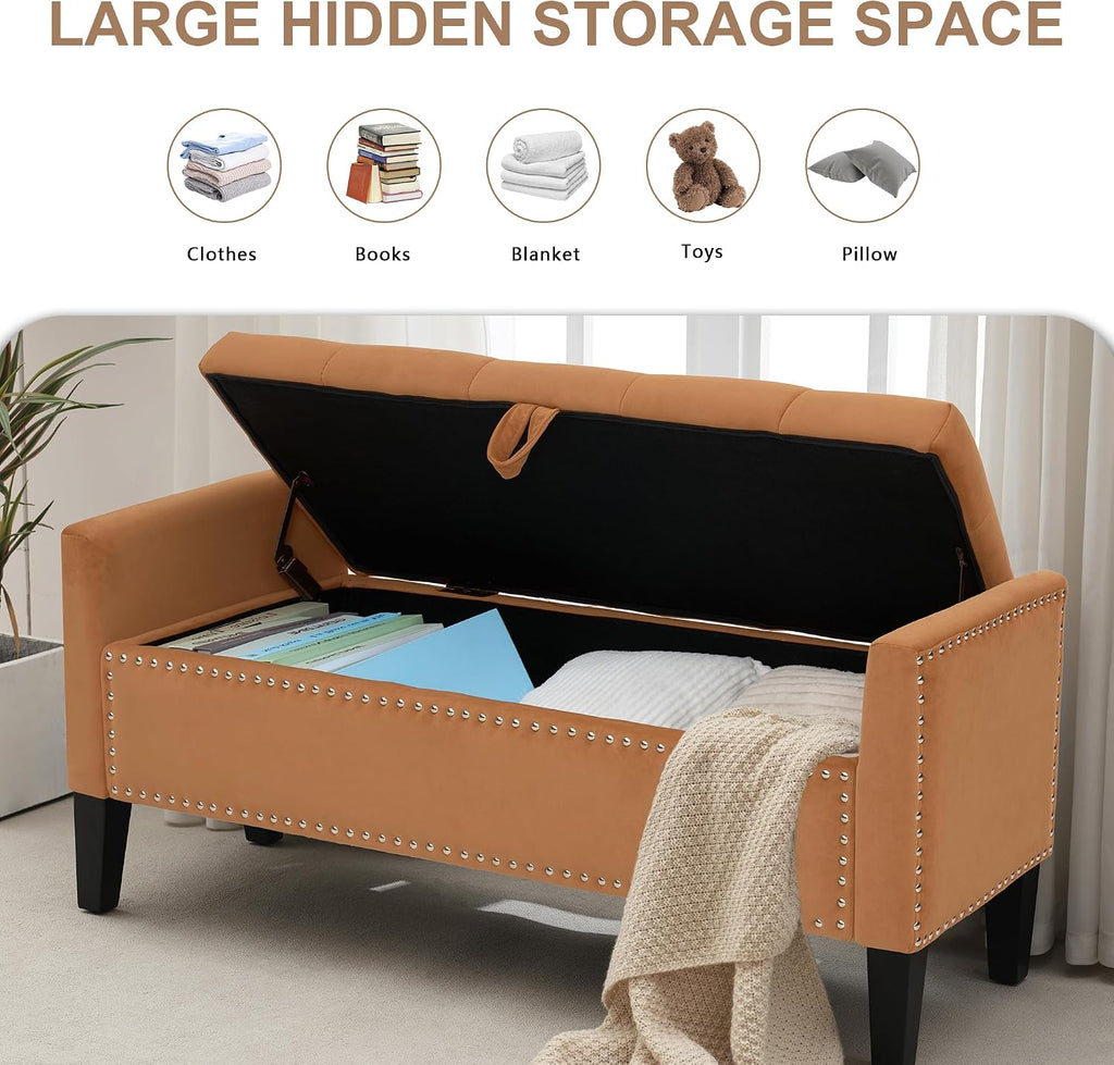 Velvet Ottoman with Storage, 46'' Upholstered Button Tufted End of Bed Bench with Arms, Modern Storage Bench , Orange