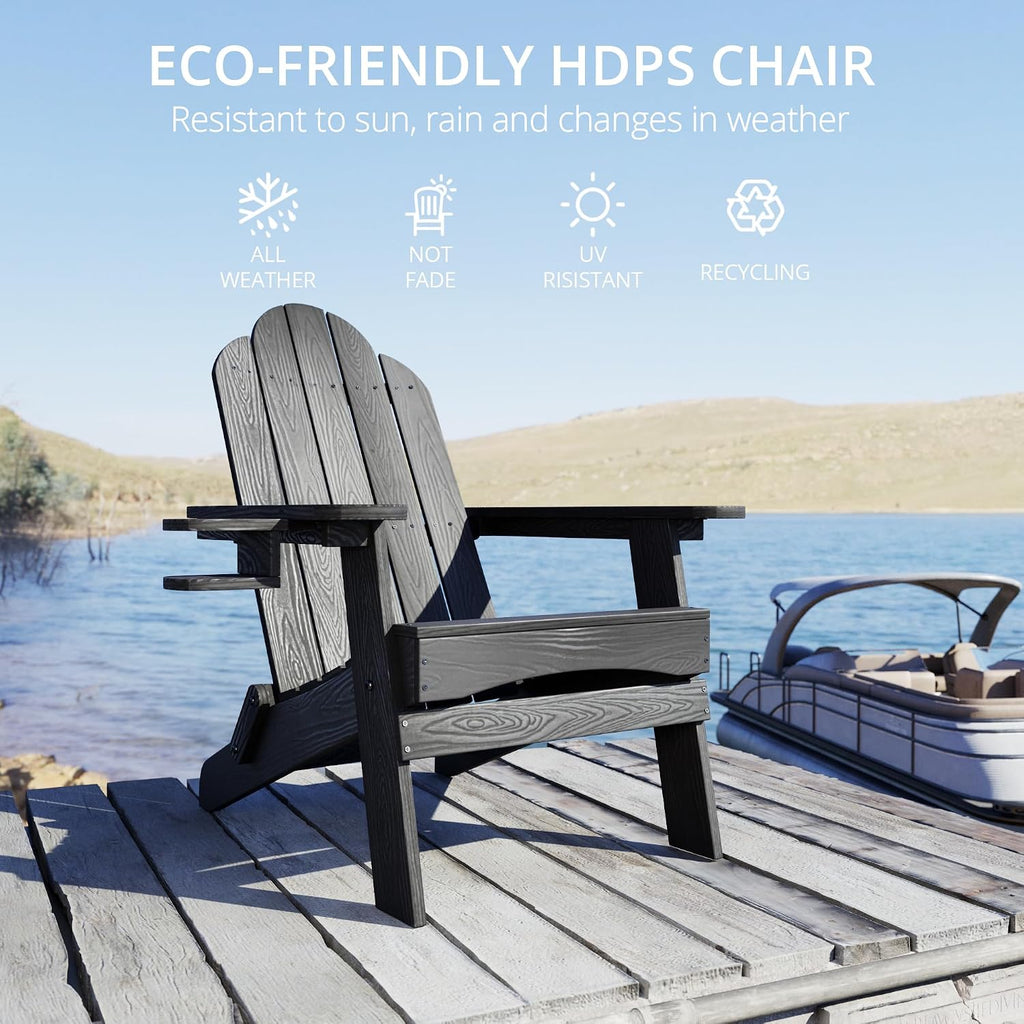 Folding Adirondack Chairs Set of 4, HDPS Fire Pit Chairs, Black | All-weather-resistant, ergonomic curved design